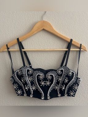 Express Rare black heavily beaded jeweled corset top w/ silver accents & pearls